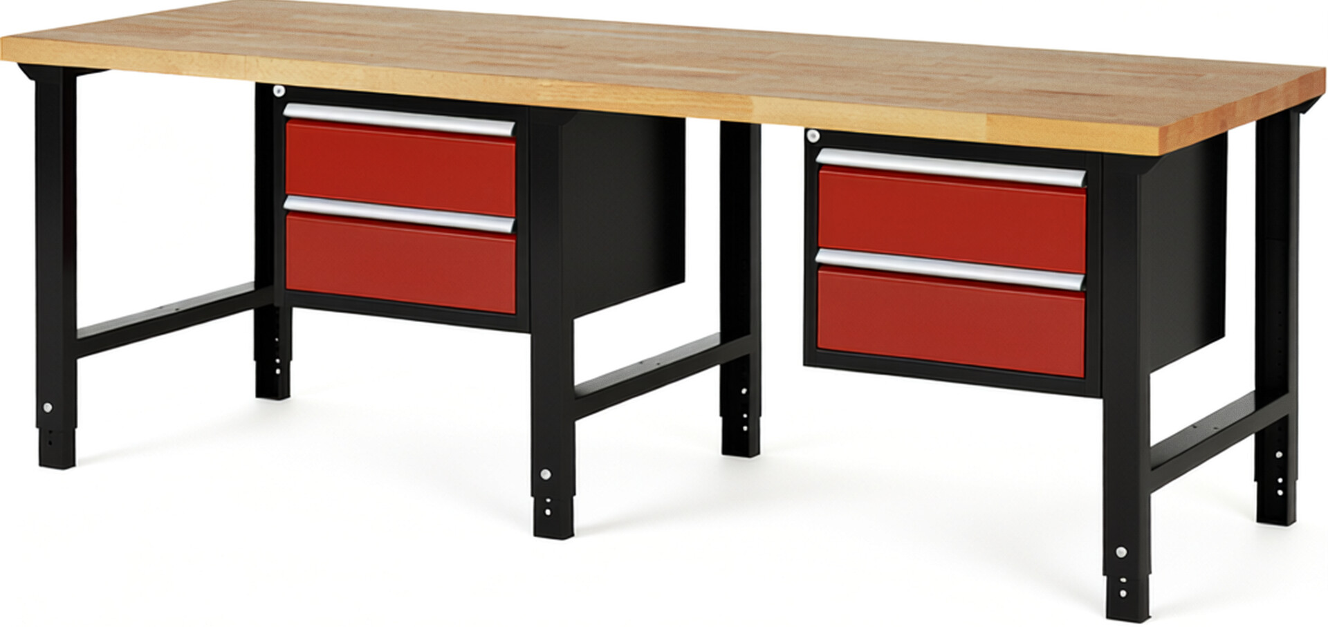 RAU Werkbank schwarz - rot - Breite 250 cm - Tiefe 90 cm - Höhe 114 cm - Buche-Massiv Arbeitsplatte 40 mm