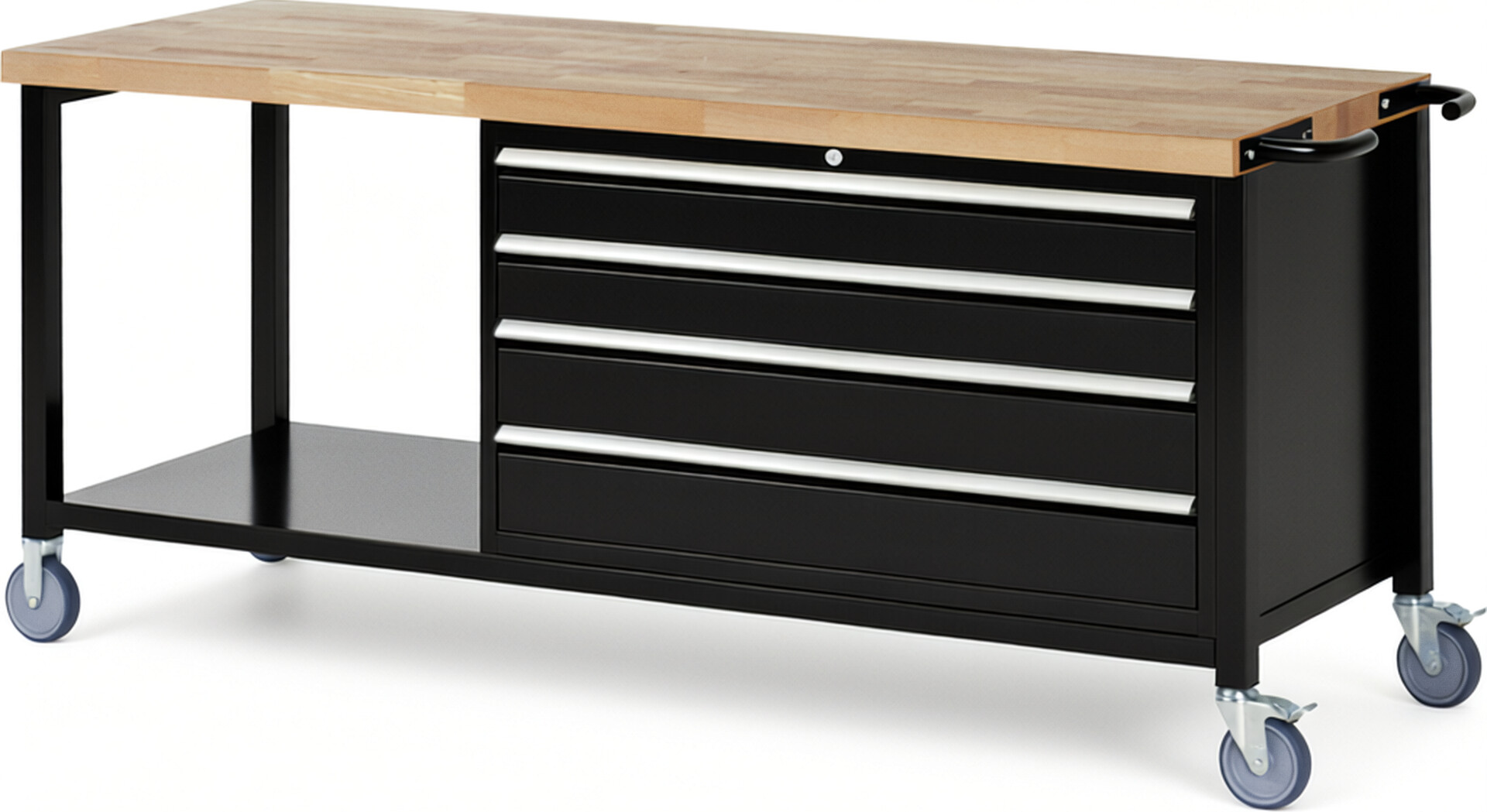 Fahrbare Werkbank Modell 8362 schwarz, BxTxH 2000x700x880 mm,  Buche-Massiv Arbeitsplatte 40 mm,  4 Schubladen mit  Auszug 90 %