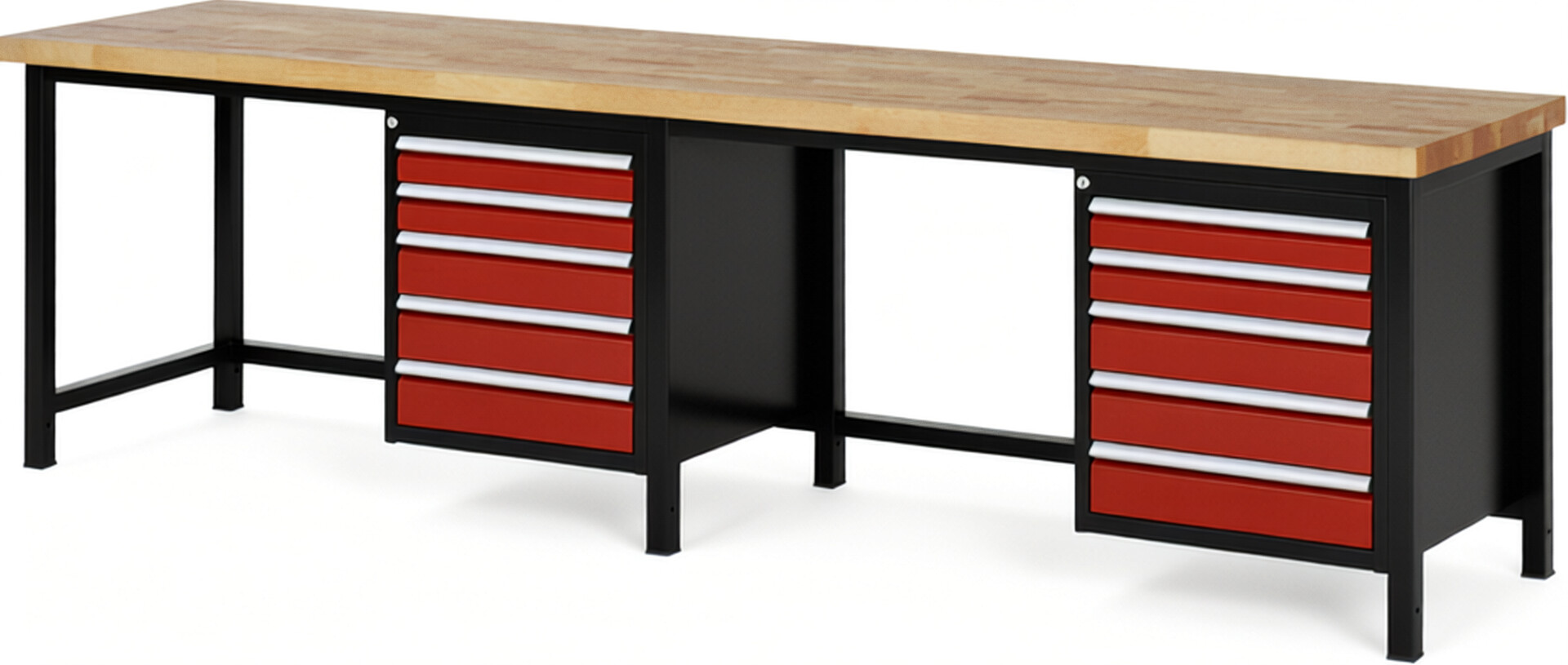 RAU Werkbank schwarz - rot - Breite 300 cm - Tiefe 70 cm - Höhe 104 cm - Buche-Massiv Arbeitsplatte 40 mm