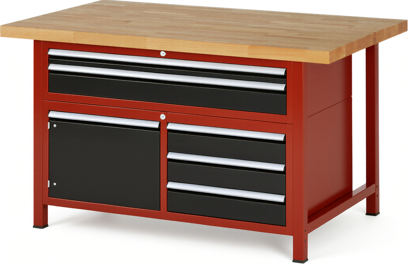 RAU Werkbank rot - schwarz - Breite 150 cm - Tiefe 90 cm - Höhe 104 cm - Buche-Massiv Arbeitsplatte 40 mm