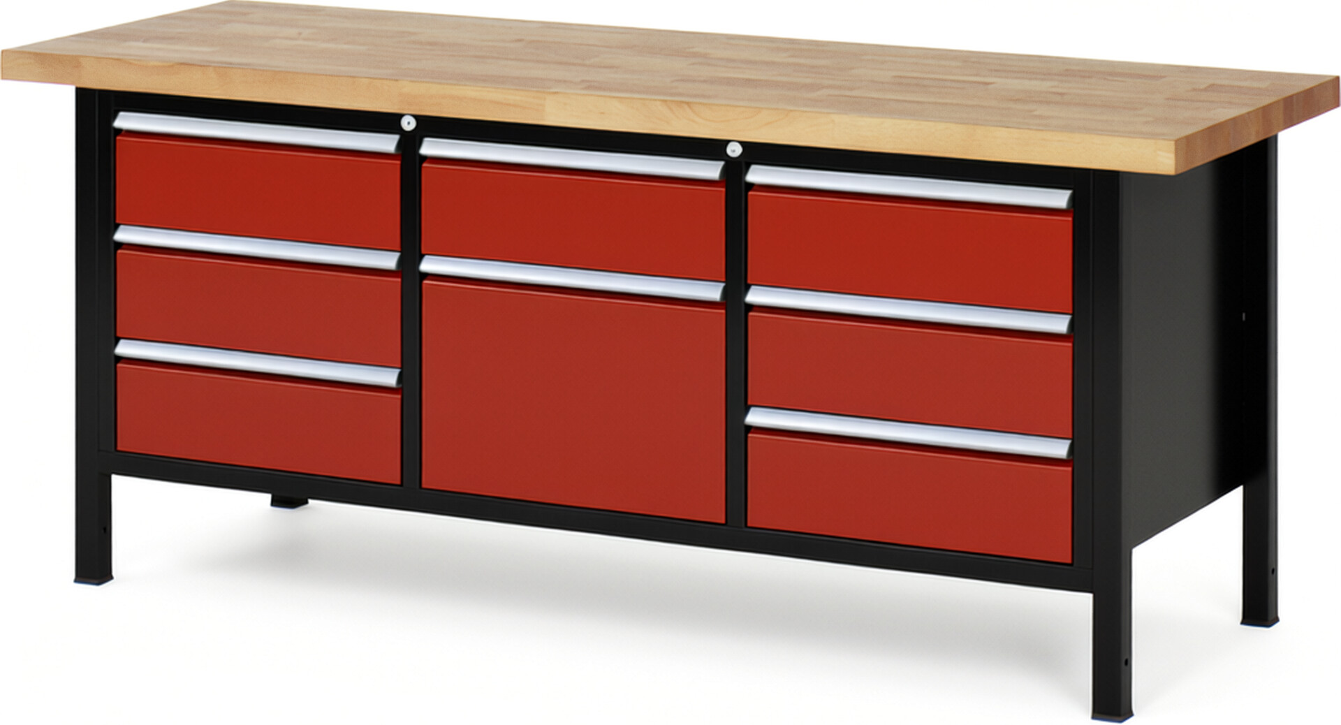 RAU Werkbank schwarz - rot - Breite 200 cm - Tiefe 70 cm - Höhe 104 cm - Buche-Massiv Arbeitsplatte 40 mm