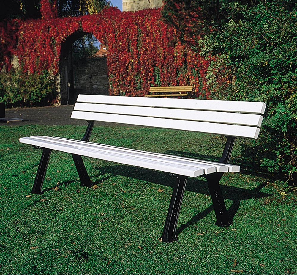 Parkbank mit Gußeisenfüßen und PVC-Latten,BxT(SitzT)xH 2000x410x780 mm, braun