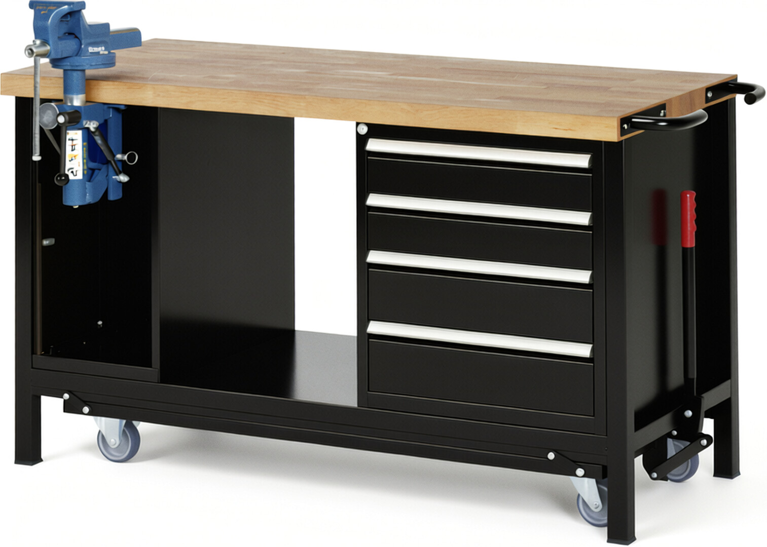Absenkbare Werkbank Modell 8185 schwarz, BxTxH 1500x700x880 mm,  Buche-Massiv Arbeitsplatte 40 mm,  4 Schubladen mit  Vollauszug 100 % und  SoftClosing