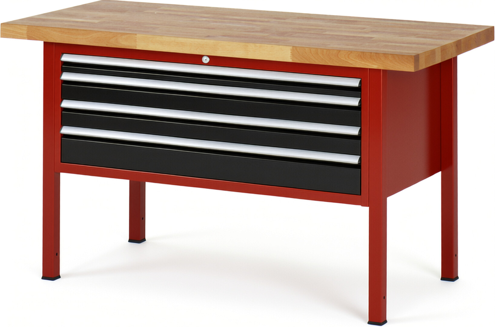 Werkbank Modell 8332 rot - schwarz, BxTxH 1500x700x840 mm,  Buche-Massiv Arbeitsplatte 40 mm,  4 Schubladen mit  Auszug 90 %