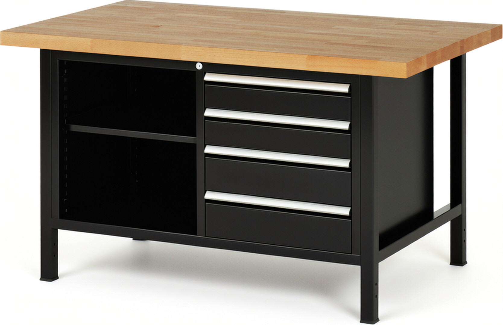 RAU Werkbank schwarz - Breite 150 cm - Tiefe 90 cm - Höhe 84 cm - Buche-Massiv Arbeitsplatte 40 mm