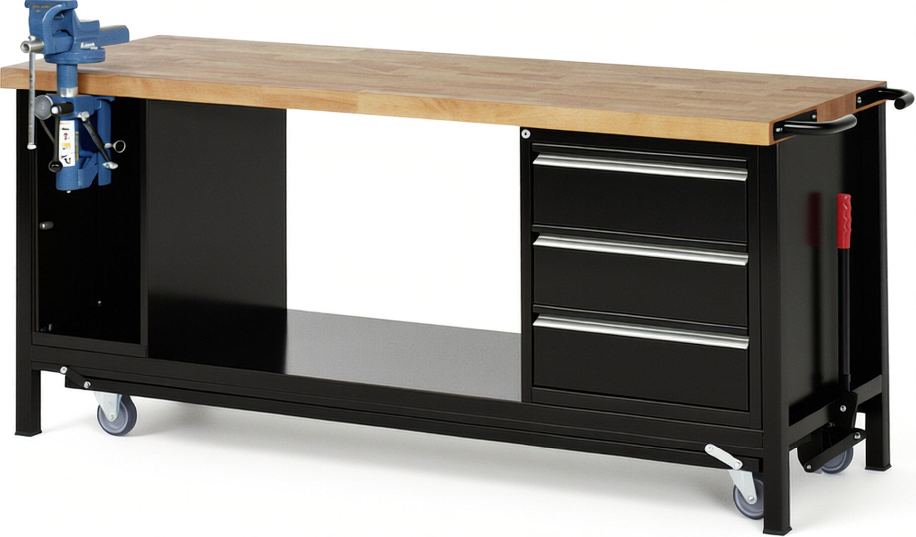 Absenkbare Werkbank - Modell 8183 BASIC schwarz, BxTxH 2000x700x880 mm,  Buche-Massiv Arbeitsplatte 40 mm,  3 Schubladen mit  Auszug 90 %