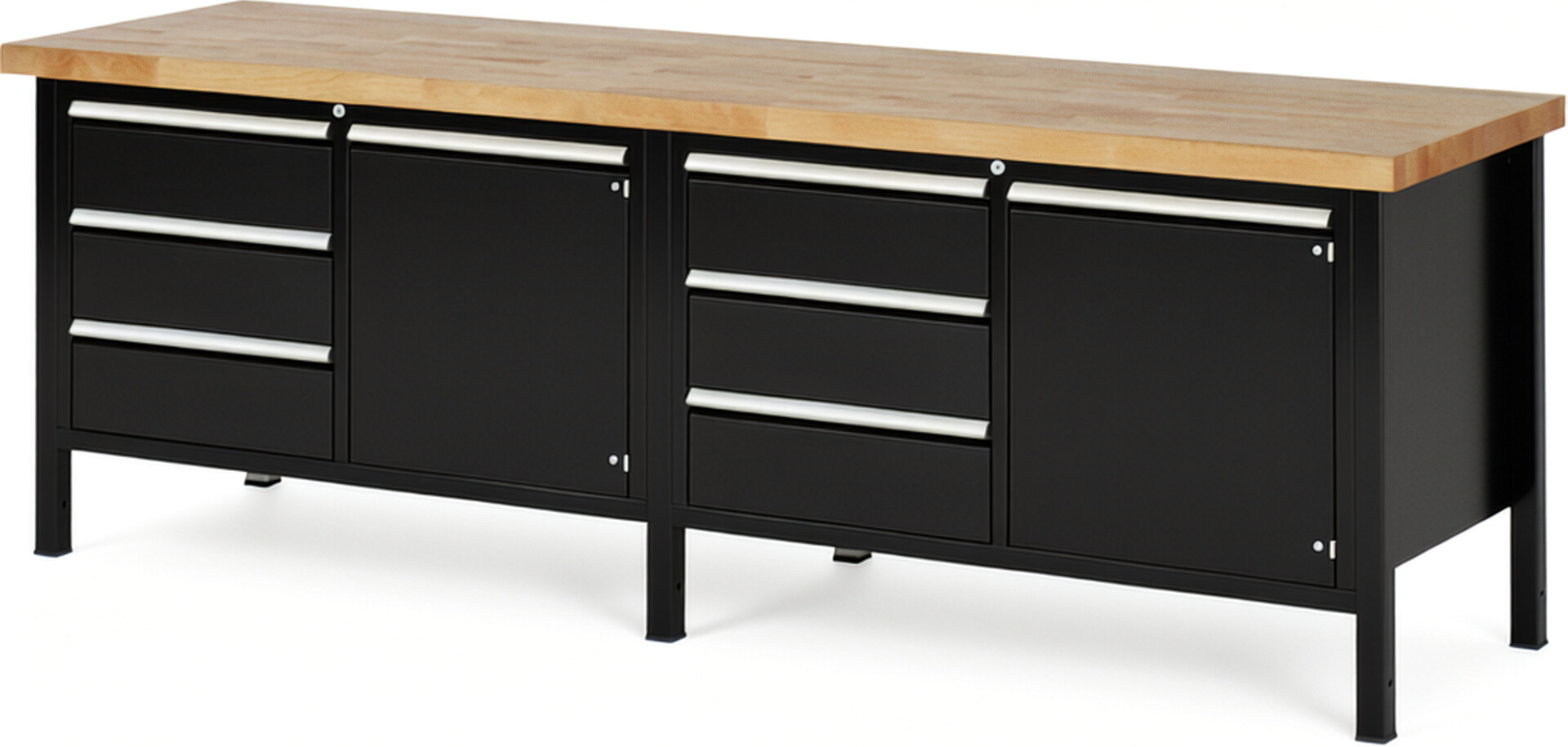 Werkbank Modell 8468 schwarz, BxTxH 2500x700x840-1040 mm,  Buche-Massiv Arbeitsplatte 40 mm,  6 Schubladen mit  Auszug 90 %