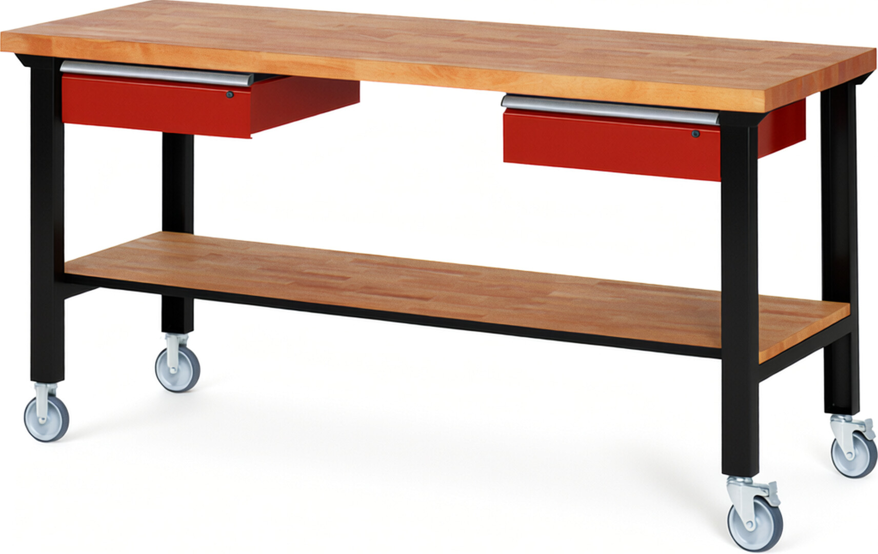 Fahrbare Werkbank Modell 7002 schwarz-rot, BxTxH 2000x700x1000 mm,  Buche-Massiv Arbeitsplatte 40 mm,  2 Schubladen mit  Auszug 90 %