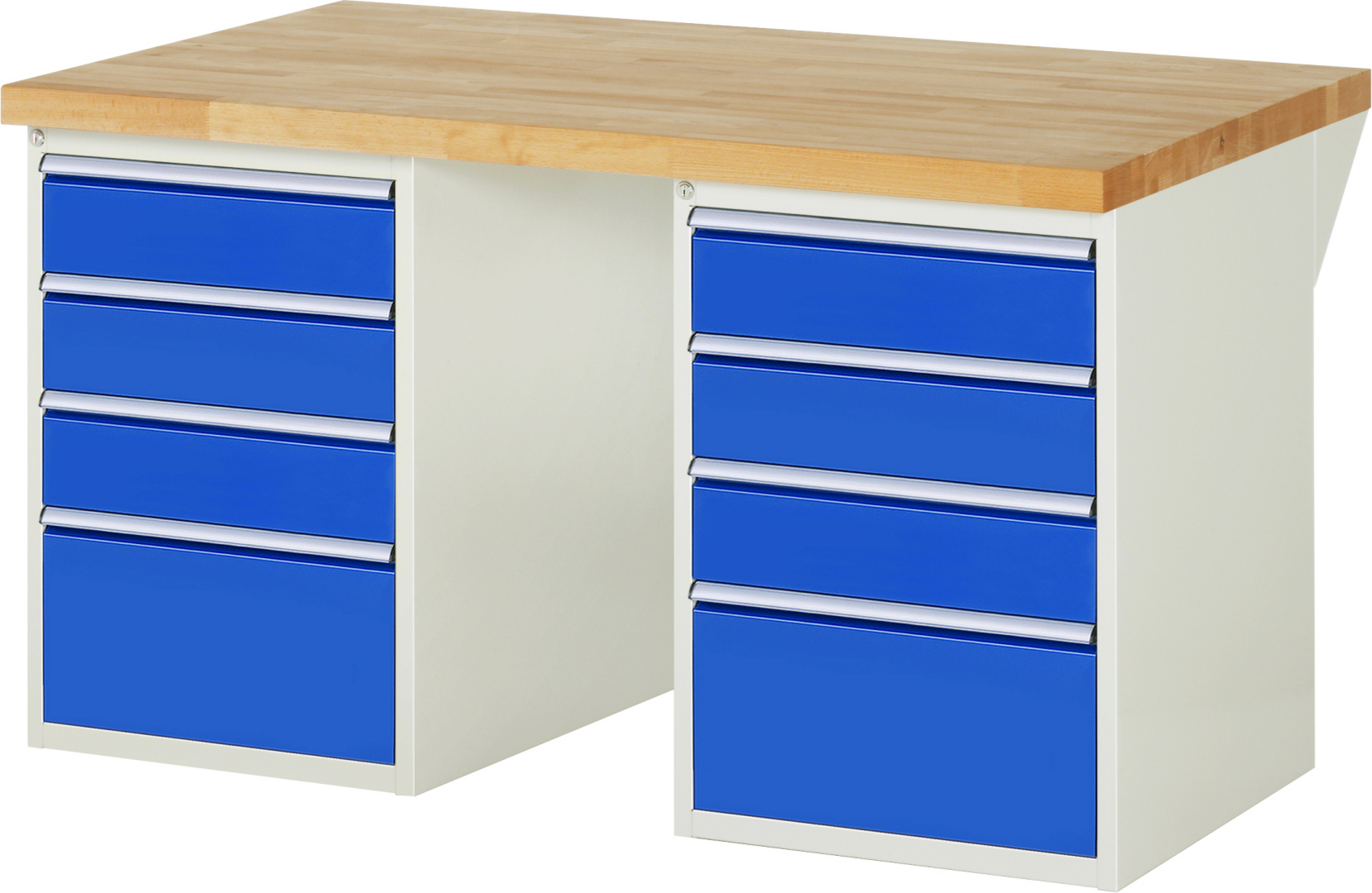 Werkbank Modell 7510,  BxTxH 1500x900x840 mm,  Buche-Massiv Arbeitsplatte 40 mm,  8 Schubladen mit  Vollauszug 100 % und  SoftClosing