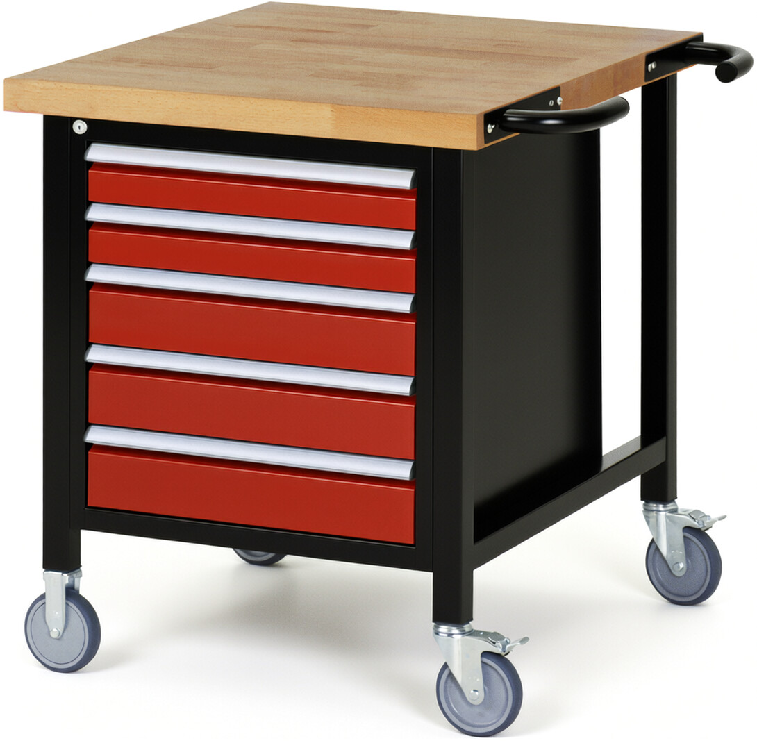 Fahrbare Werkbank Modell 8171 schwarz-rot, BxTxH 750x900x880-1080 mm,  Buche-Massiv Arbeitsplatte 40 mm,  5 Schubladen mit  Vollauszug 100 % und  SoftClosing