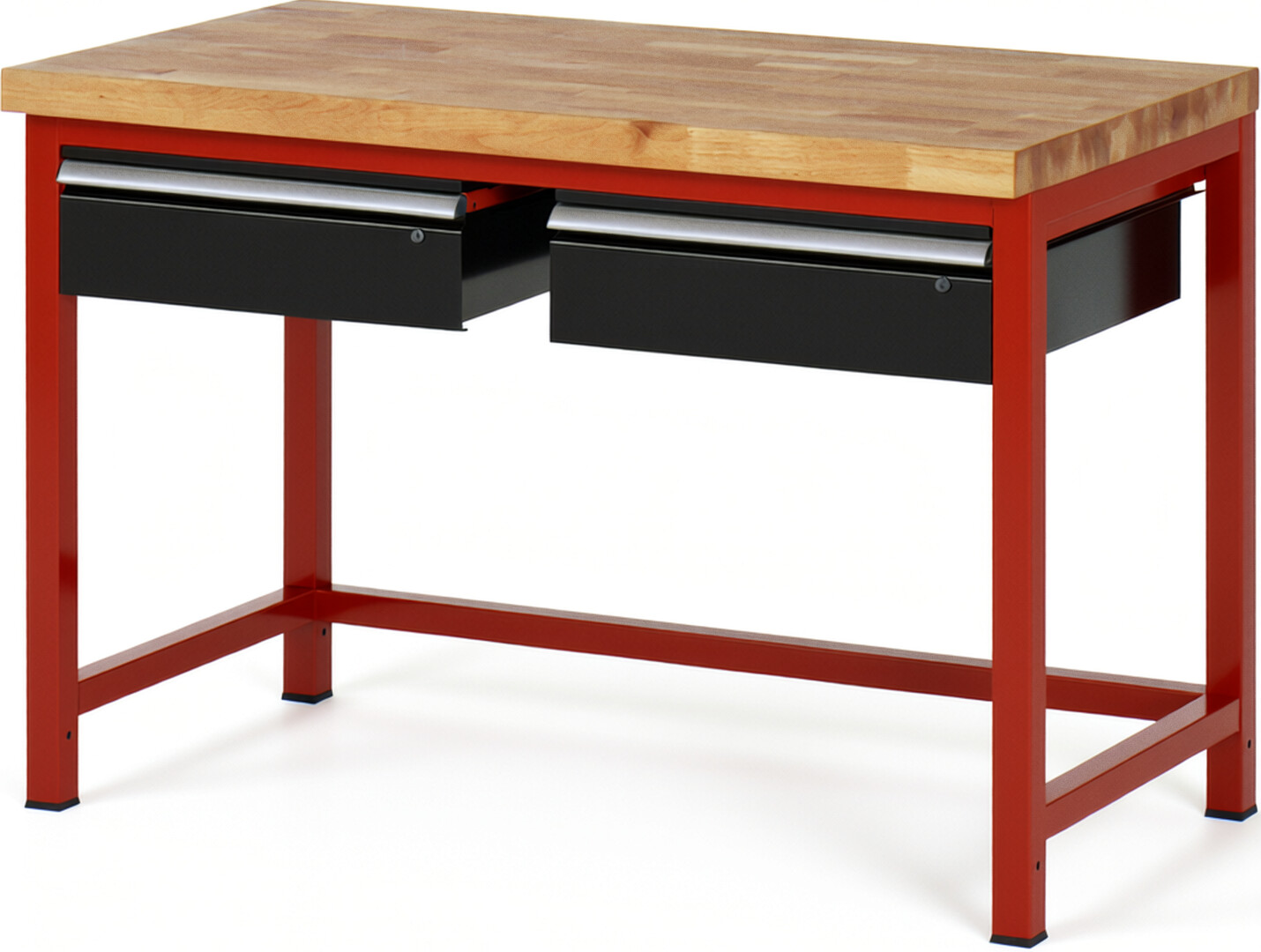Werkbank Modell 8002 rot - schwarz, BxTxH 1250x700x840-1040 mm,  Buche-Massiv Arbeitsplatte 40 mm,  2 Schubladen mit  Auszug 90 %