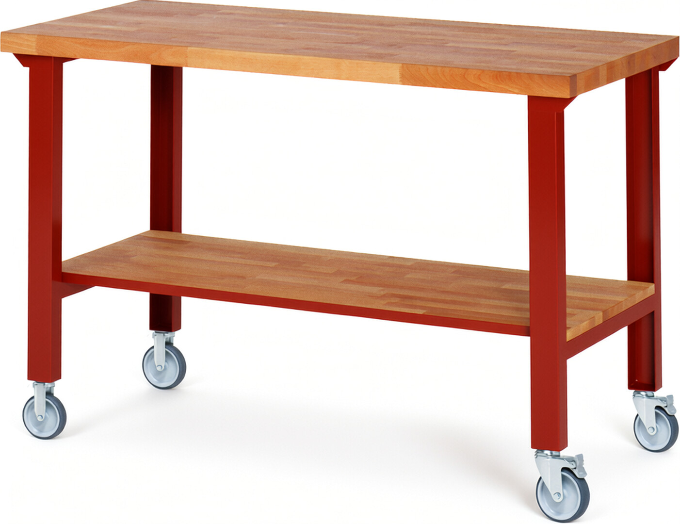 Fahrbare Werkbank Modell 7000 rot, BxTxH 1500x700x1000 mm,  Buche-Massiv Arbeitsplatte 40 mm