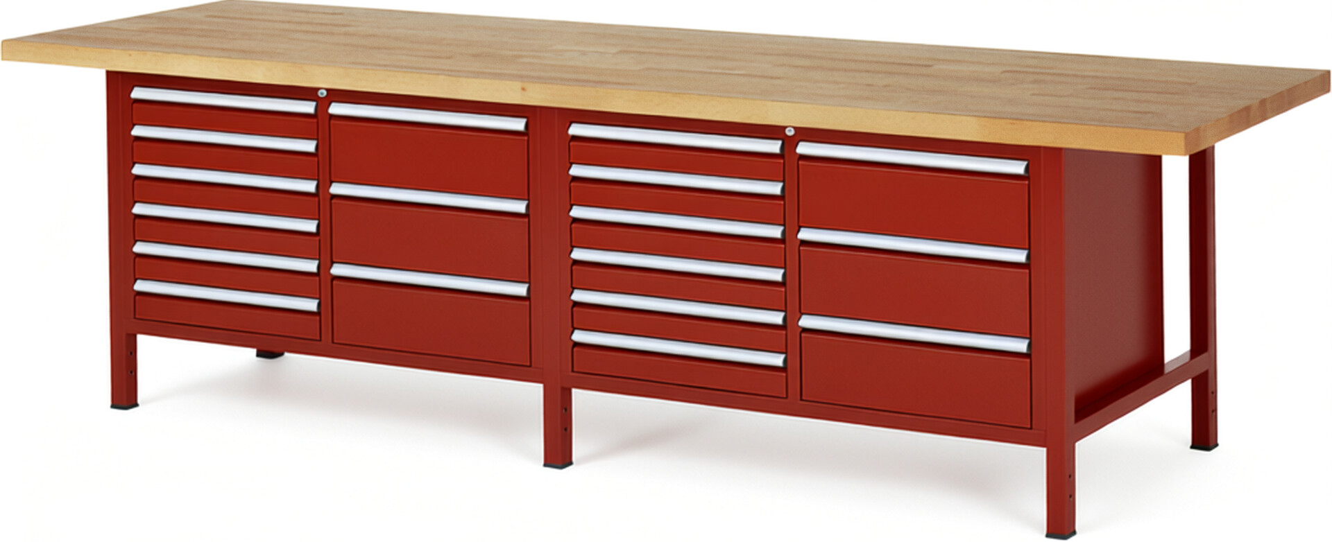 RAU Werkbank rot - Breite 300 cm - Tiefe 90 cm - Höhe 84 cm - Buche-Massiv Arbeitsplatte 40 mm