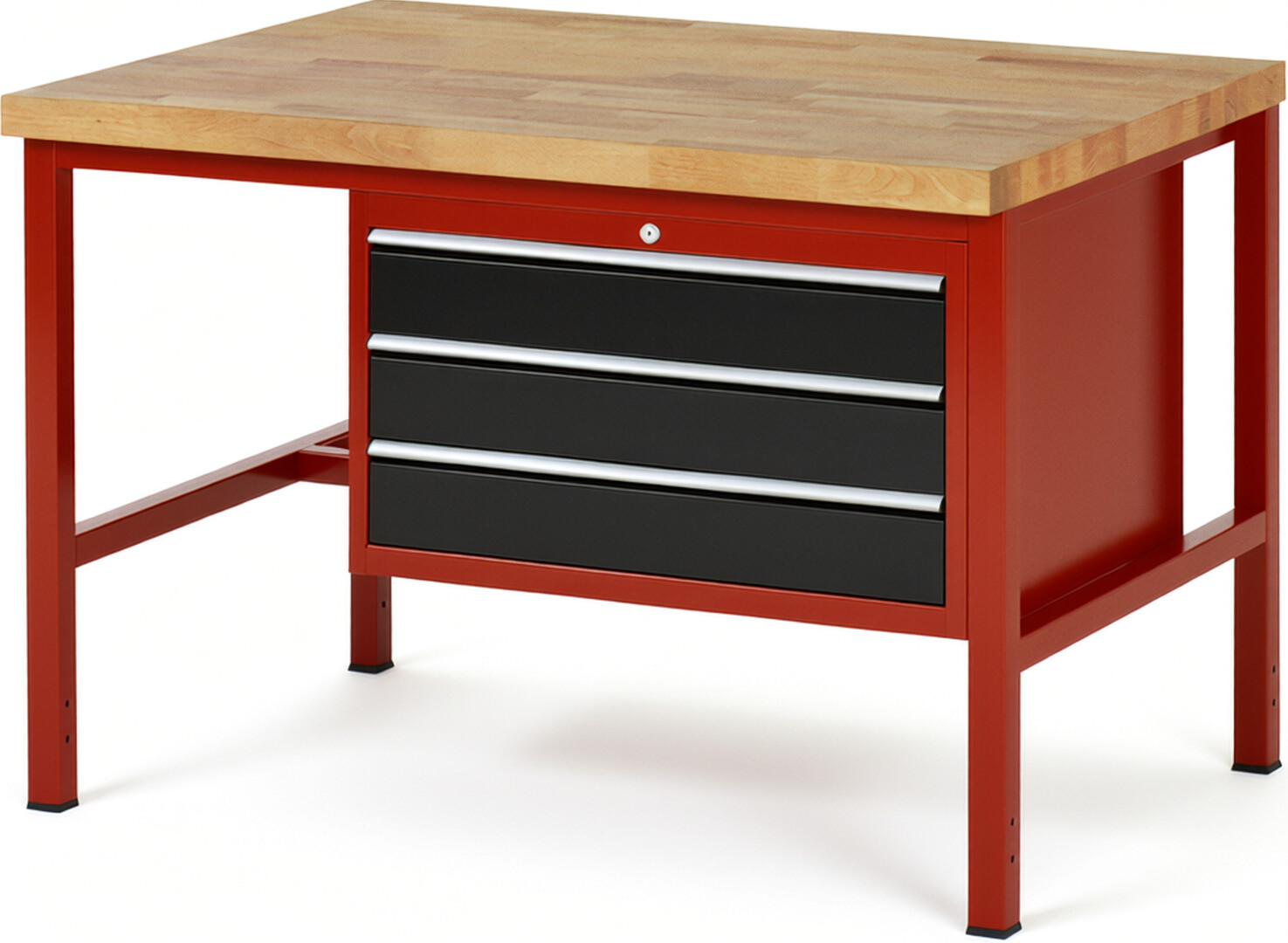 Werkbank Modell 8227 rot - schwarz, BxTxH 1250x900x840 mm,  Buche-Massiv Arbeitsplatte 40 mm,  3 Schubladen mit  Auszug 90 %