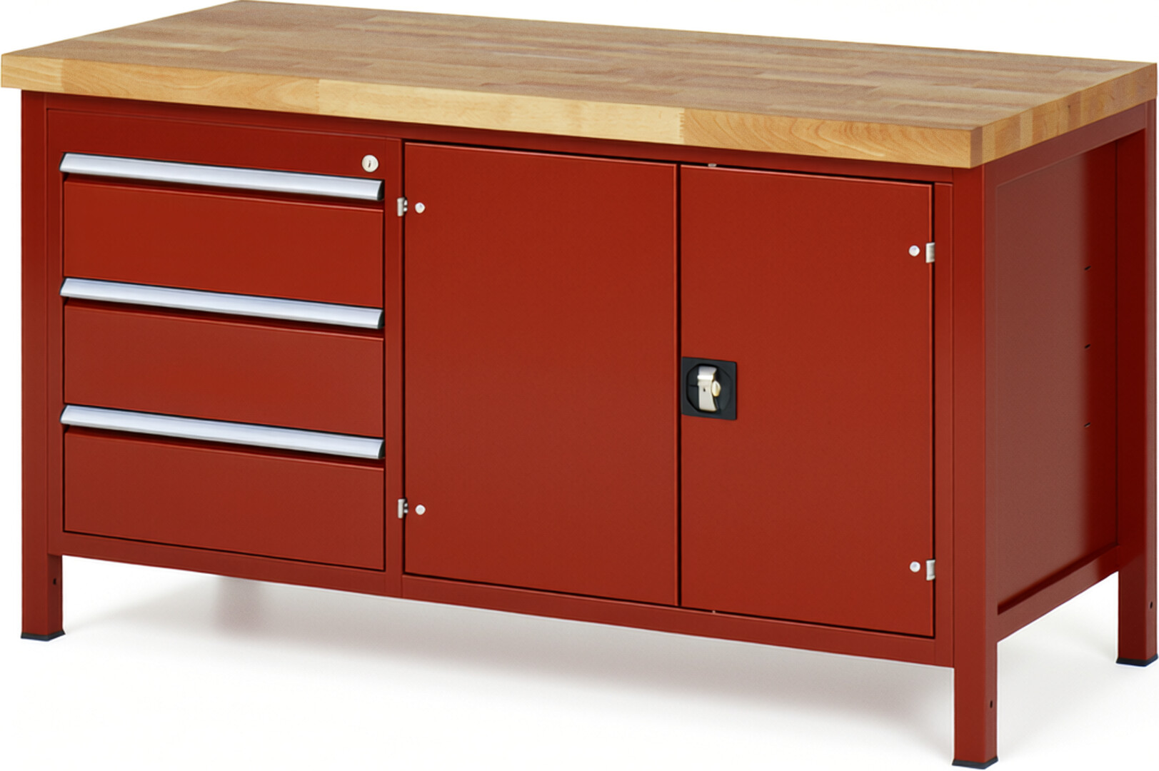 Werkbank Modell 8904 rot, BxTxH 1500x700x840-1040 mm,  Buche-Massiv Arbeitsplatte 40 mm,  3 Schubladen mit  Vollauszug 100 % und  SoftClosing