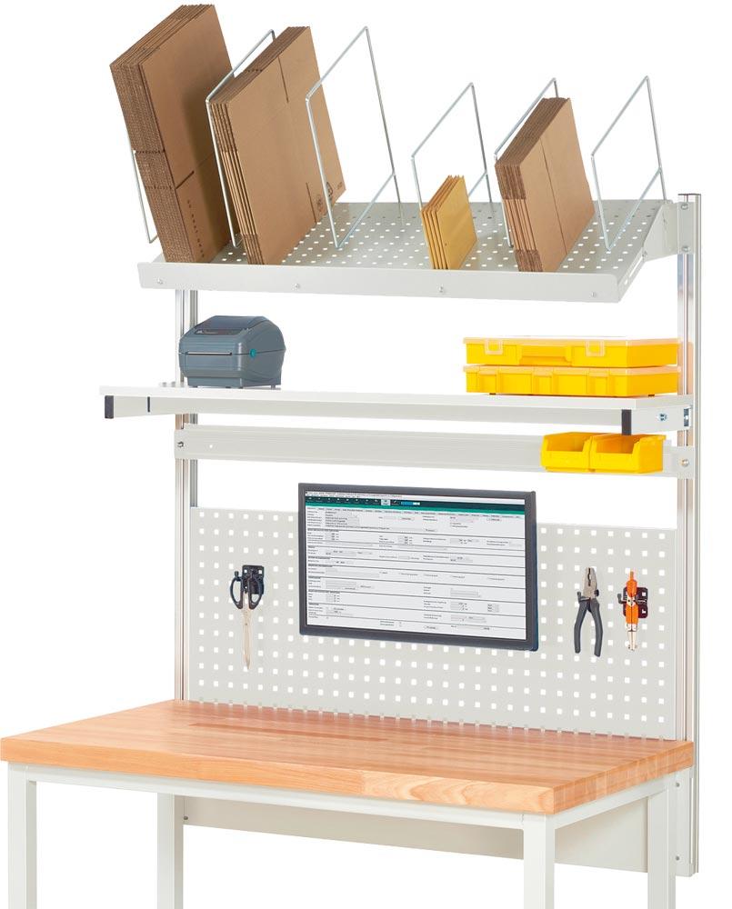 Aufbau für Werkbank B 1250 mm mit Etagenbord, Lochplatte H 450 mm, Montageadapter, Kartonagemagazin,Halteschiene, RAL 7035