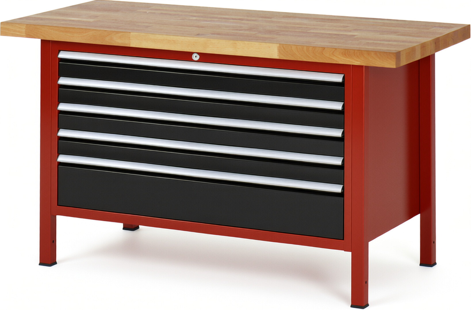 Werkbank Modell 8368 rot - schwarz, BxTxH 1500x700x840 mm,  Buche-Massiv Arbeitsplatte 40 mm,  5 Schubladen mit  Auszug 90 %