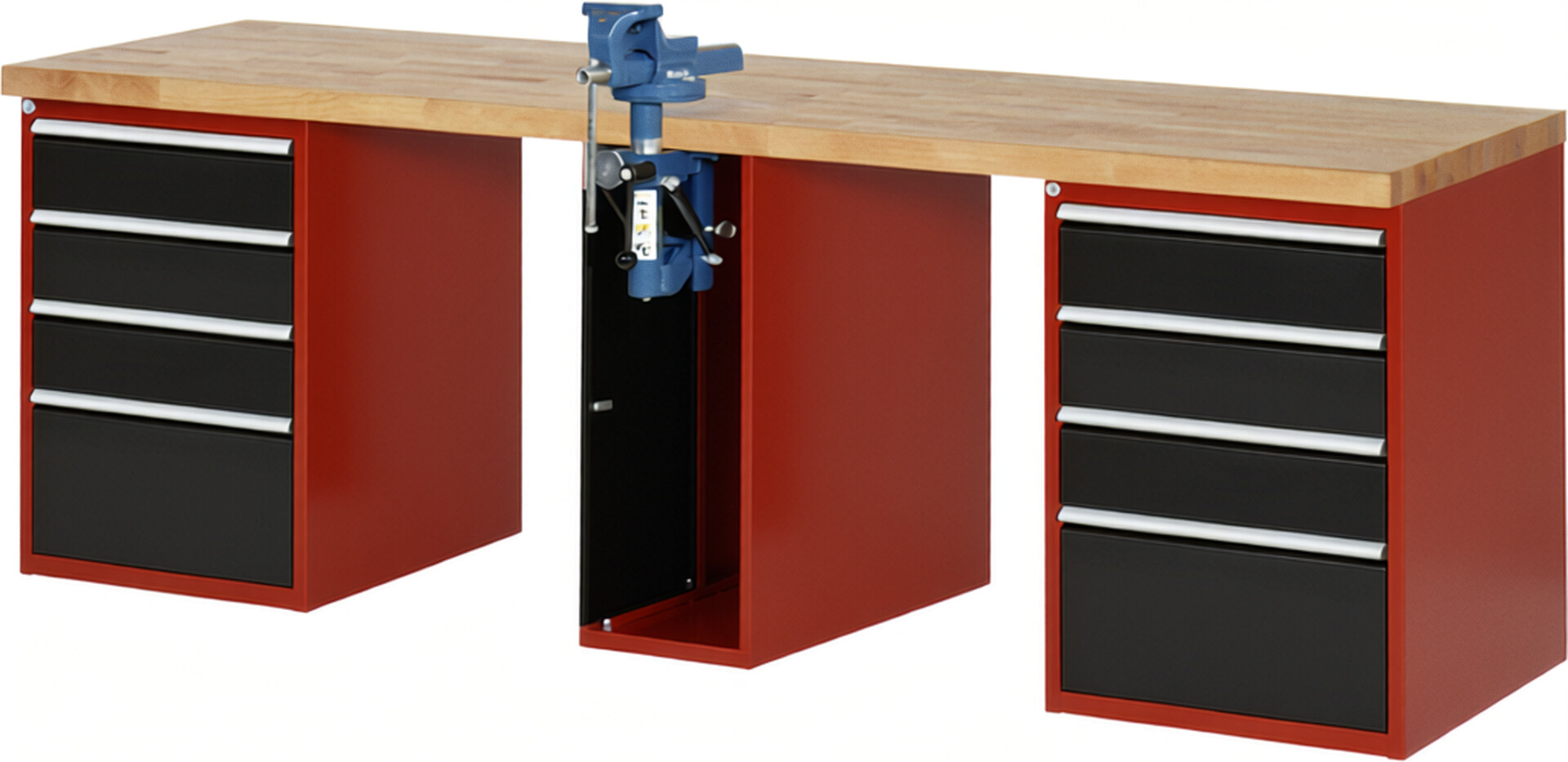 Werkbank Modell 7510 rot - schwarz, BxTxH 2500x700x840 mm,  Buche-Massiv Arbeitsplatte 40 mm,  8 Schubladen mit  Auszug 90 %