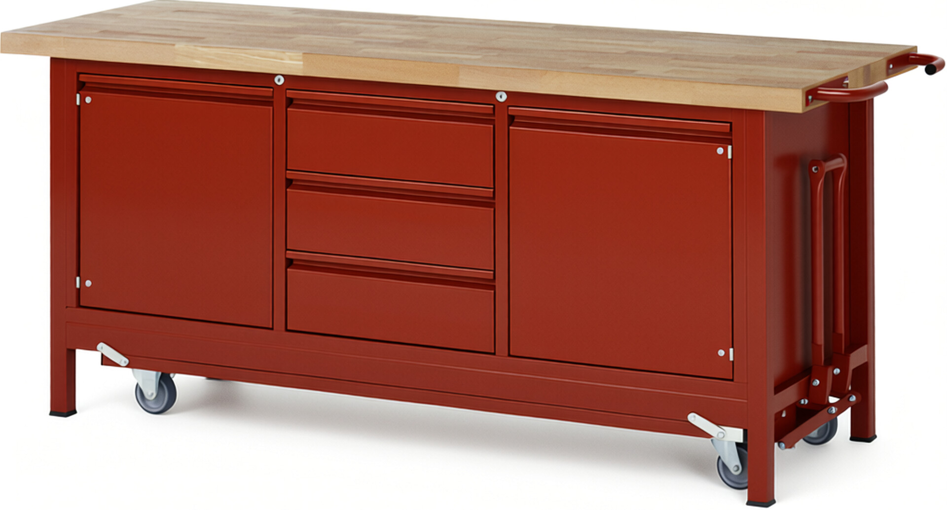 Absenkbare Werkbank - Modell 8569 BASIC rot, BxTxH 2000x700x880 mm,  Buche-Massiv Arbeitsplatte 40 mm,  3 Schubladen mit  Auszug 90 %