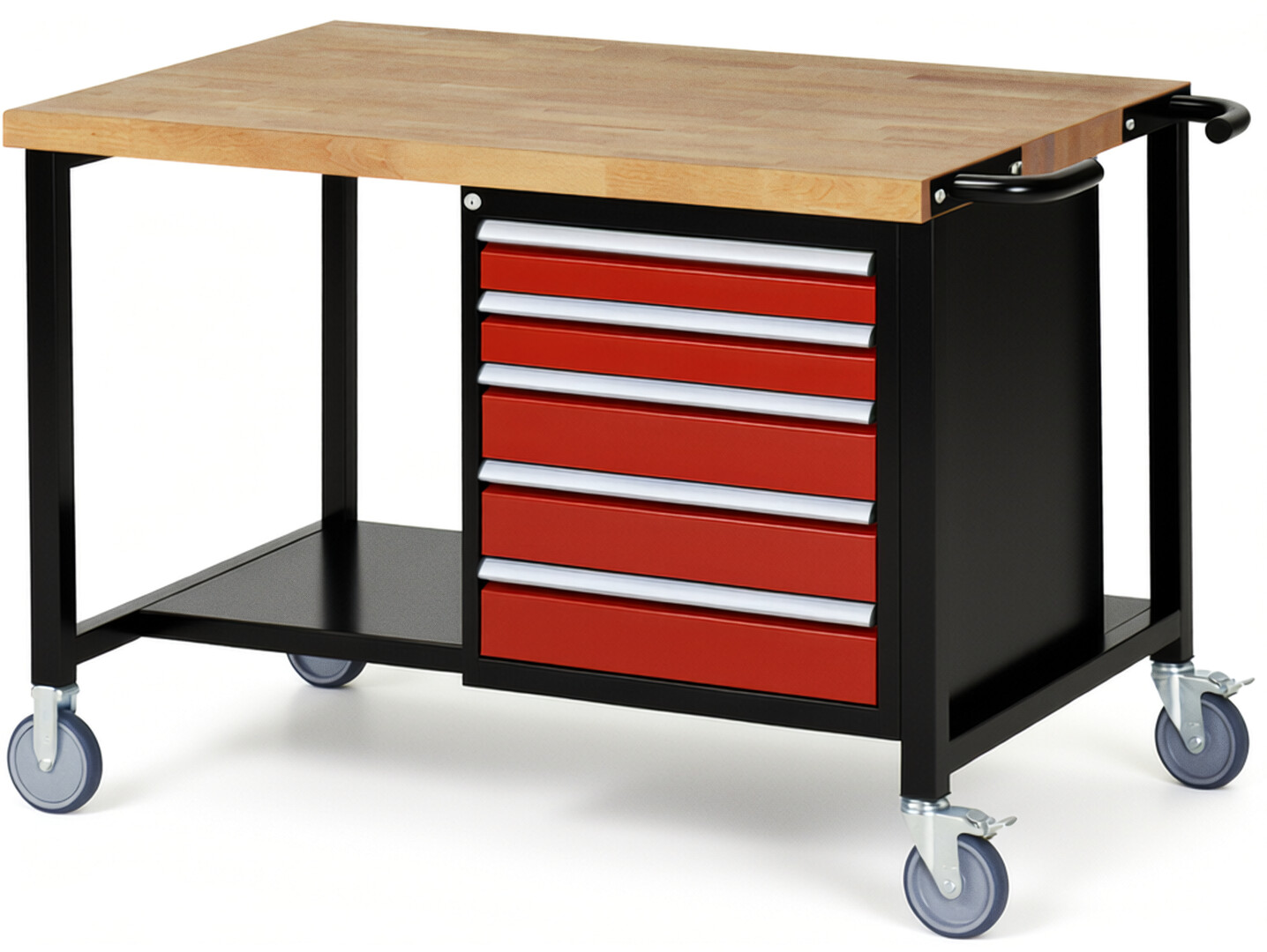 Fahrbare Werkbank Modell 8171 schwarz-rot, BxTxH 1250x900x880-1080 mm,  Buche-Massiv Arbeitsplatte 40 mm,  5 Schubladen mit  Auszug 90 %
