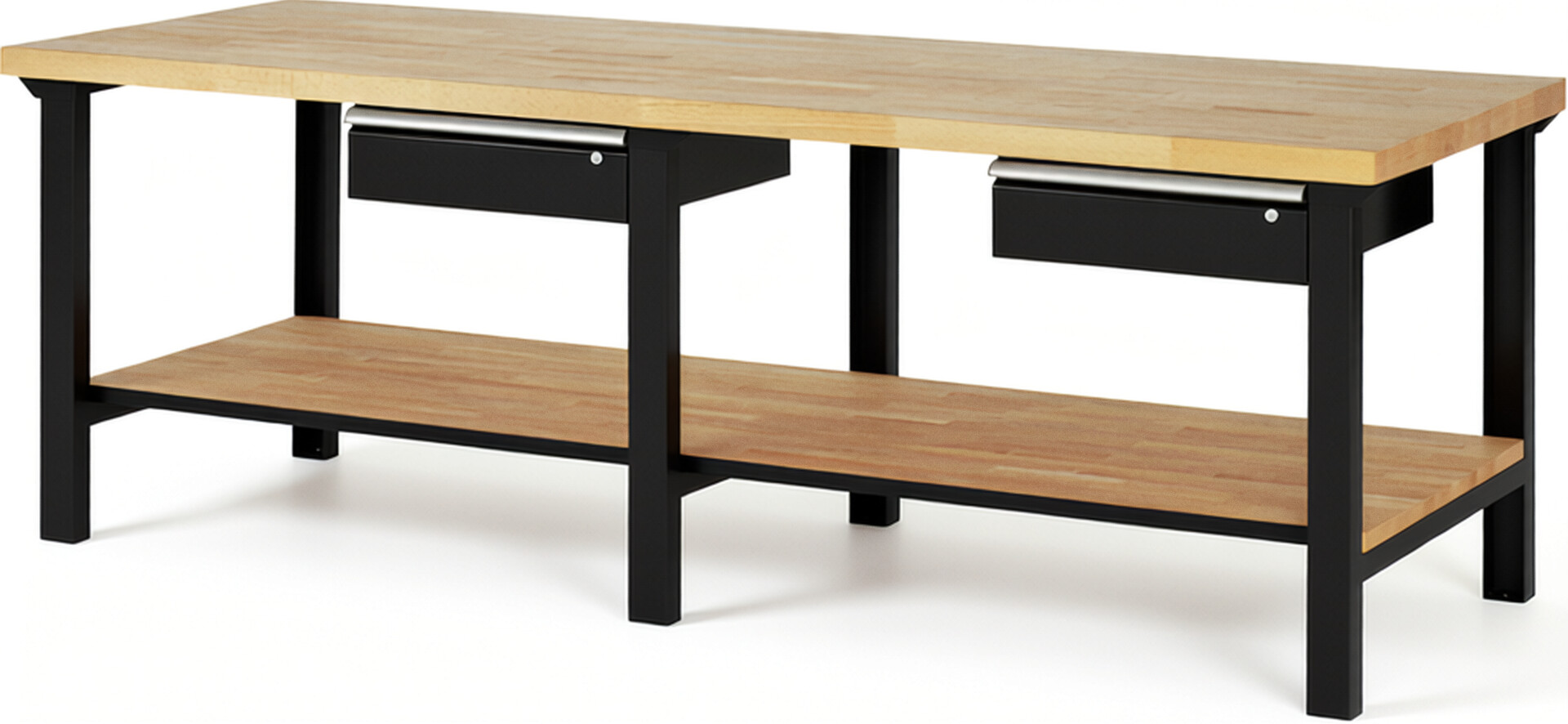 Werkbank Modell 7001 schwarz, BxTxH 2500x900x840 mm,  Buche-Massiv Arbeitsplatte 40 mm,  2 Schubladen mit  Auszug 90 %
