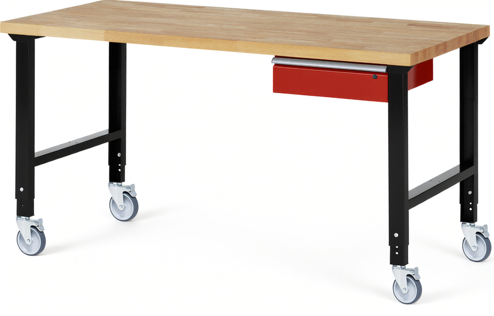Fahrbare Werkbank Modell 7001 schwarz-rot, BxTxH 2000x900x950-1000 mm,  Buche-Massiv Arbeitsplatte 40 mm,  1 Schublade mit  Auszug 90 %