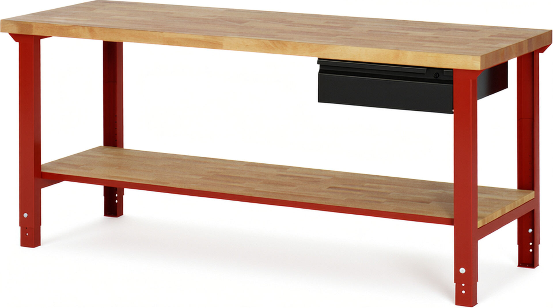 Werkbank - Modell 7001 BASIC rot - schwarz, BxTxH 2000x700x790-1140 mm,  Buche-Massiv Arbeitsplatte 40 mm,  1 Schublade mit  Auszug 90 %