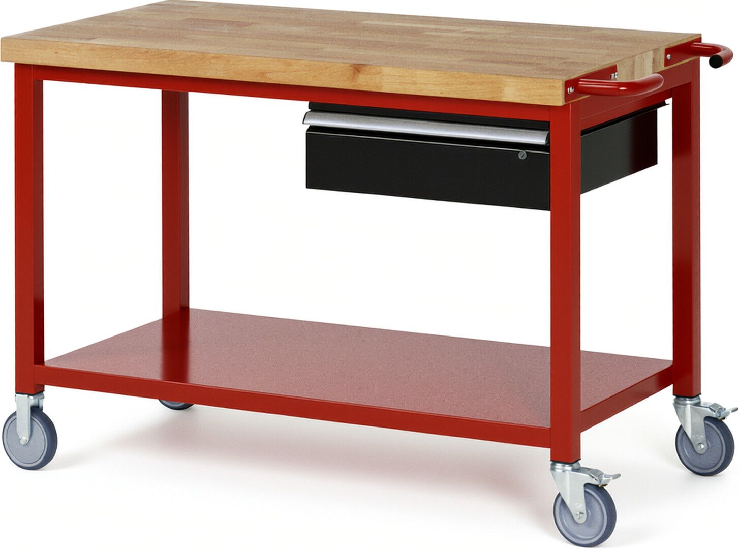 Fahrbare Werkbank Modell 8001 rot - schwarz, BxTxH 1250x700x880-1080 mm,  Buche-Massiv Arbeitsplatte 40 mm,  1 Schublade mit  Auszug 90 %