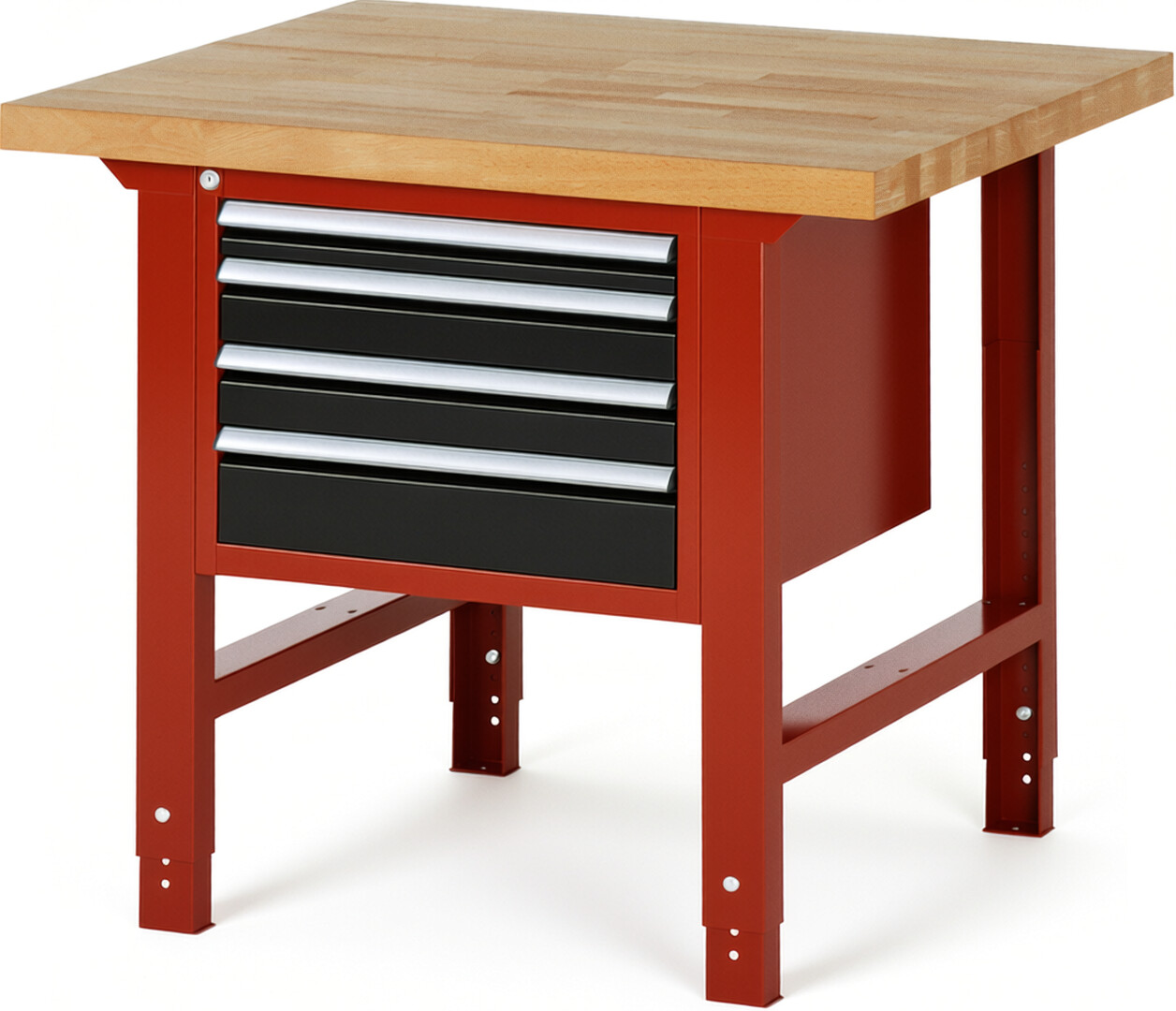 Werkbank Modell 7132 rot - schwarz, BxTxH 1000x900x790-1140 mm,  Buche-Massiv Arbeitsplatte 40 mm,  4 Schubladen mit  Auszug 90 %