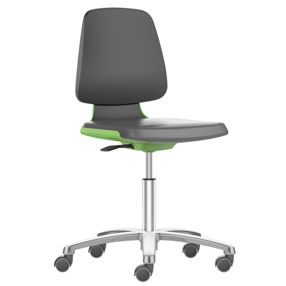Arbeitsdrehstuhl mit Flex-Rückenlehne u. Sitzkante, Sitzschale grün, Sitz Stoff schwarz, Rollen, Sitz Höhe 450-650 mm