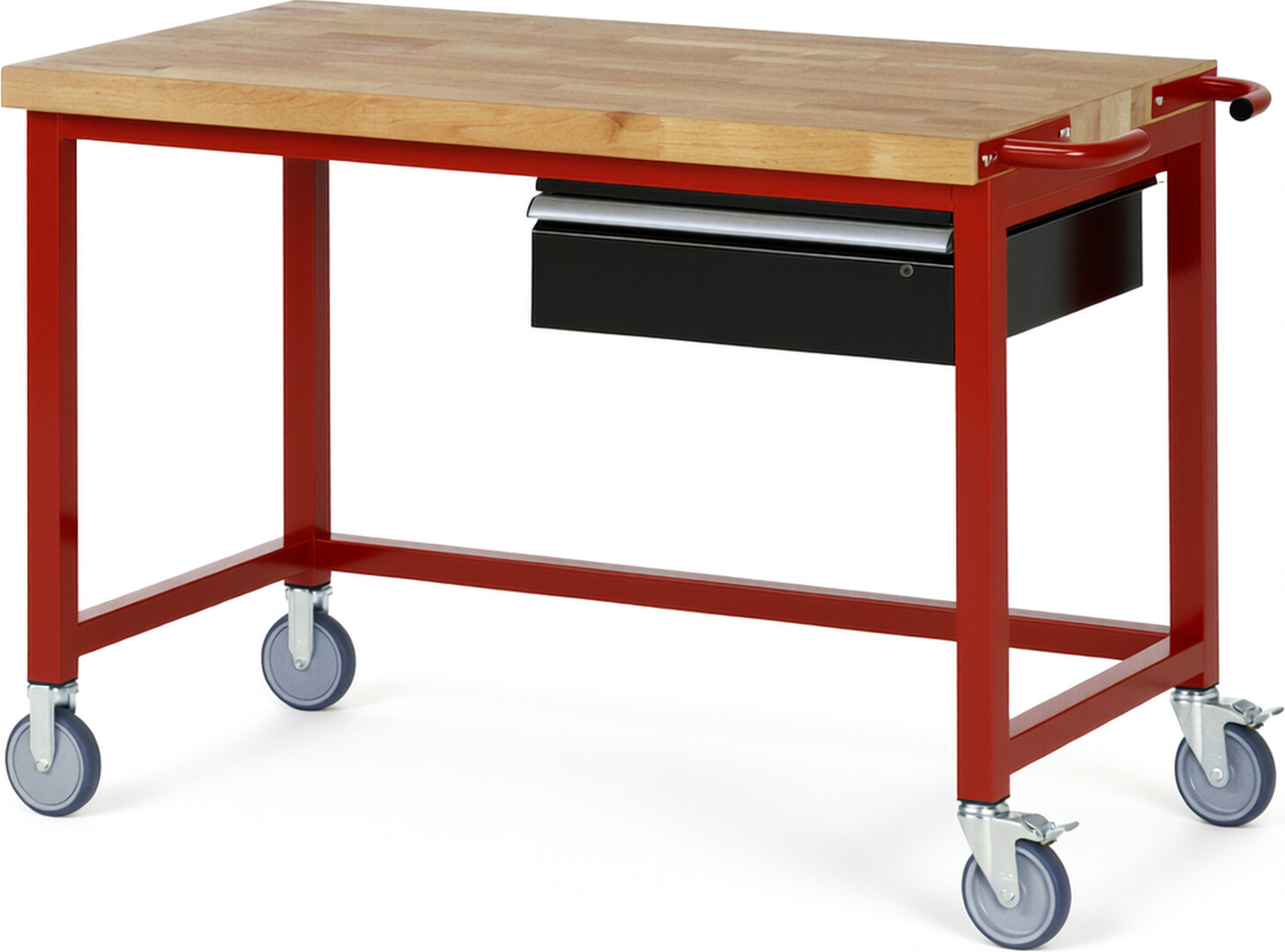 Fahrbare Werkbank Modell 8001 rot - schwarz, BxTxH 1250x700x880-1080 mm,  Buche-Massiv Arbeitsplatte 40 mm,  1 Schublade mit  Auszug 90 %