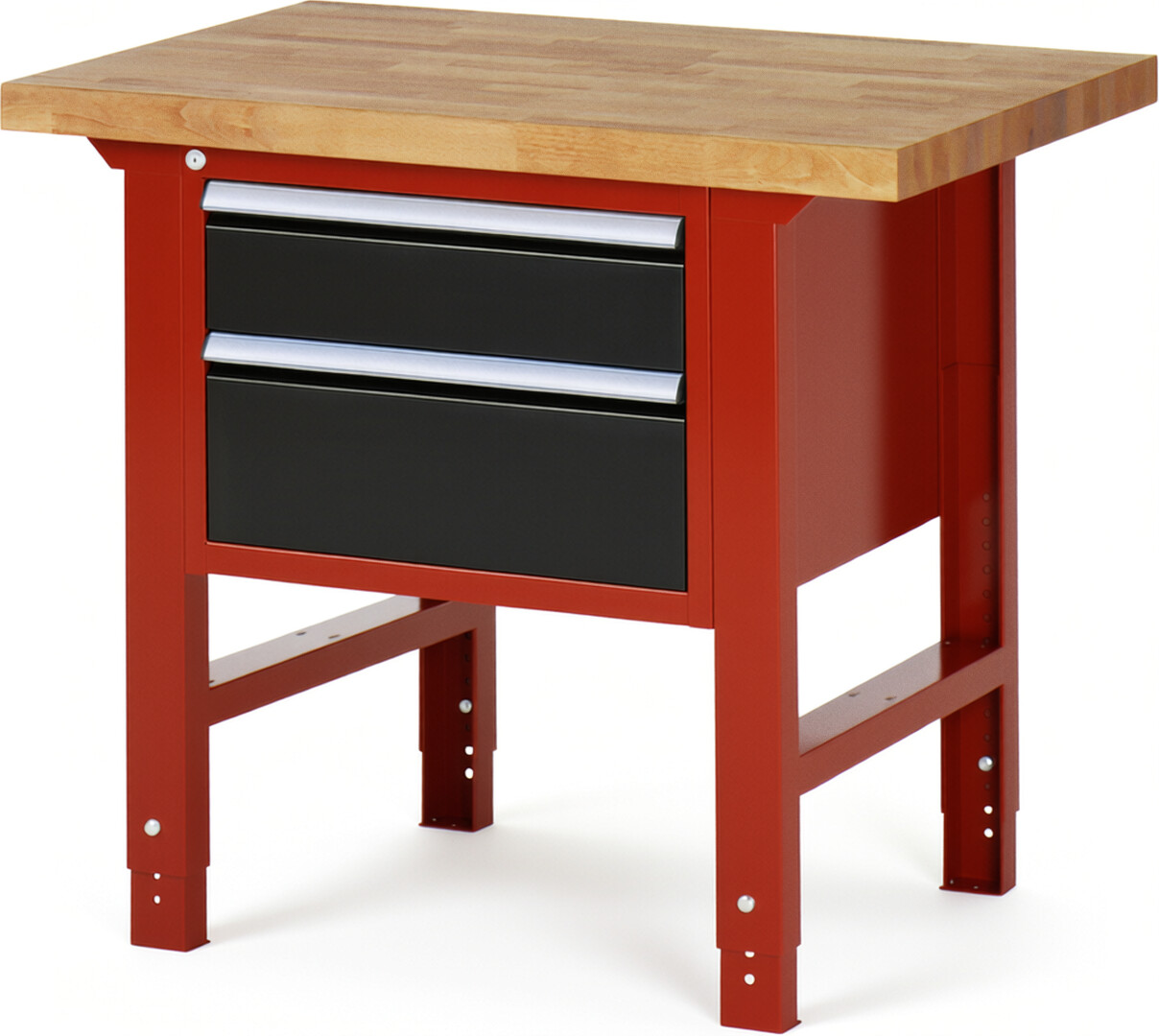 Werkbank Modell 7123 rot - schwarz, BxTxH 1000x700x790-1140 mm,  Buche-Massiv Arbeitsplatte 40 mm,  2 Schubladen mit  Vollauszug 100 % und  SoftClosing