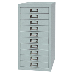 Schubladenschrank aus Stahl, BxTxH 279x380x590 mm, 10 Schubladen 51 mm, DIN A4, silber