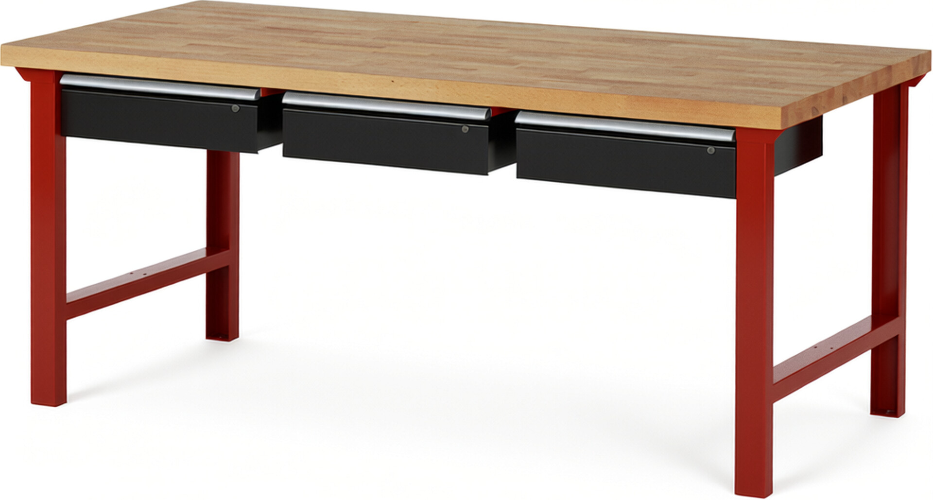 Werkbank Modell 7003 rot - schwarz, BxTxH 2000x900x840 mm,  Buche-Massiv Arbeitsplatte 40 mm,  3 Schubladen mit  Auszug 90 %