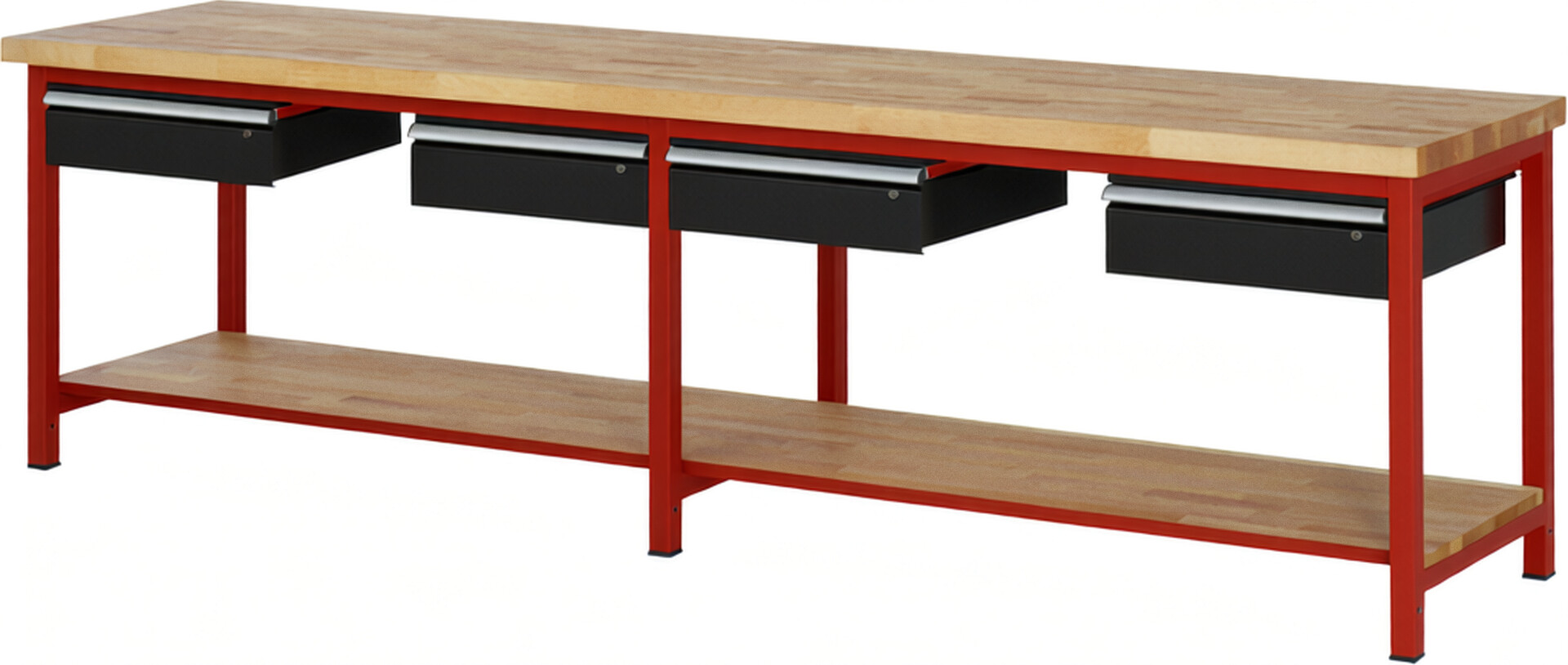 Werkbank Modell 8002 rot - schwarz, BxTxH 3000x700x840-1040 mm,  Buche-Massiv Arbeitsplatte 40 mm,  4 Schubladen mit  Auszug 90 %