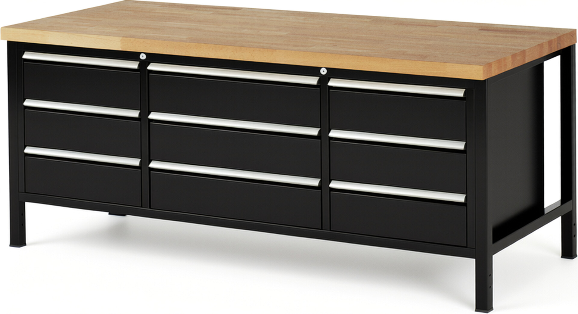Werkbank Modell 8754 schwarz, BxTxH 2000x900x840-1040 mm,  Buche-Massiv Arbeitsplatte 40 mm,  9 Schubladen mit  Vollauszug 100 % und  SoftClosing