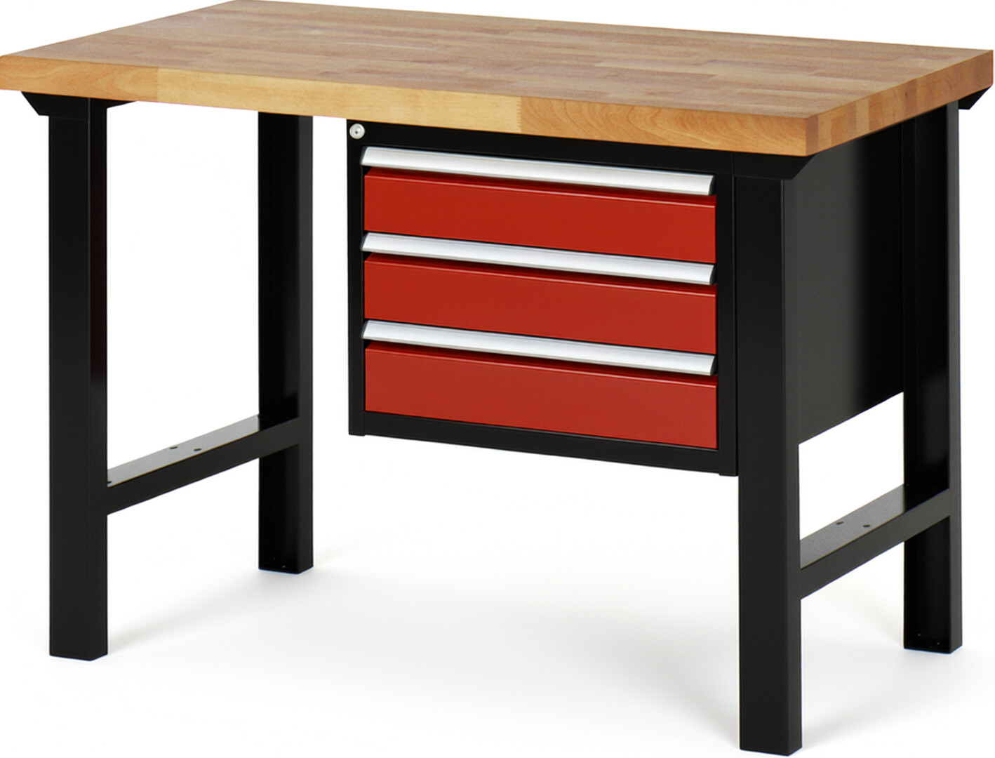 RAU Werkbank schwarz - rot - Breite 125 cm - Tiefe 70 cm - Höhe 84 cm - Buche-Massiv Arbeitsplatte 40 mm