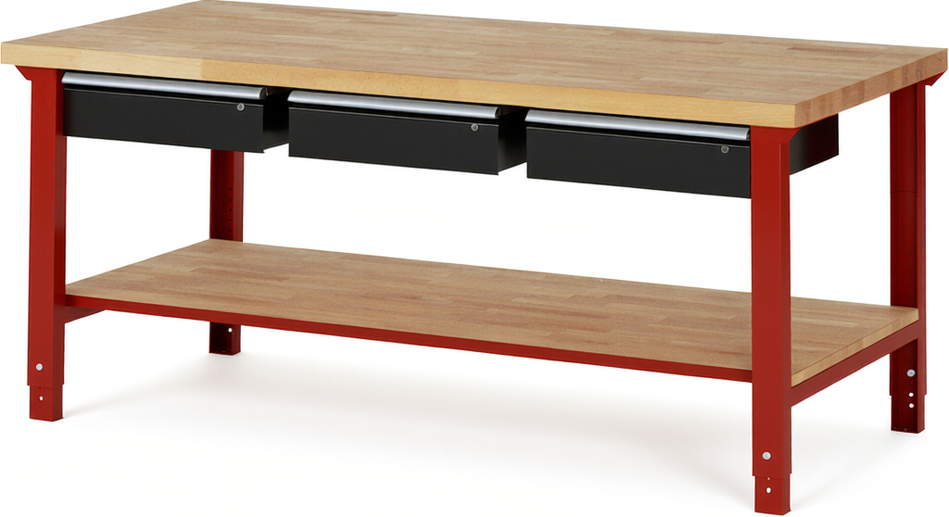Werkbank Modell 7003 rot - schwarz, BxTxH 2000x900x790-1140 mm,  Buche-Massiv Arbeitsplatte 40 mm,  3 Schubladen mit  Auszug 90 %