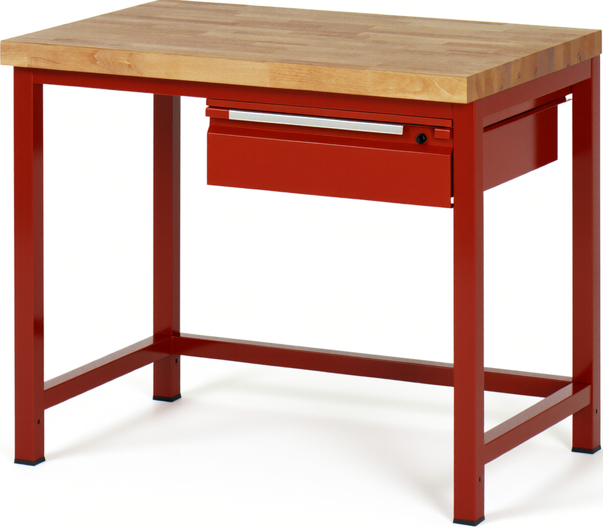 Werkbank rot, BxTxH 1000x700x840-1040 mm, Platte Buche 40 mm, 1 Schublade 150 mm, RAL 3000/3000