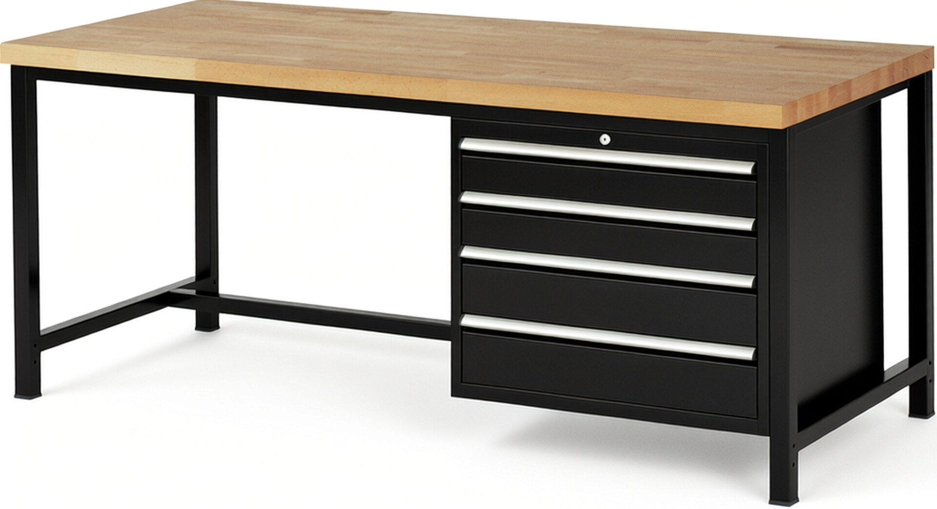 Werkbank Modell 8262 schwarz, BxTxH 2000x900x840-1040 mm,  Buche-Massiv Arbeitsplatte 40 mm,  4 Schubladen mit  Auszug 90 %