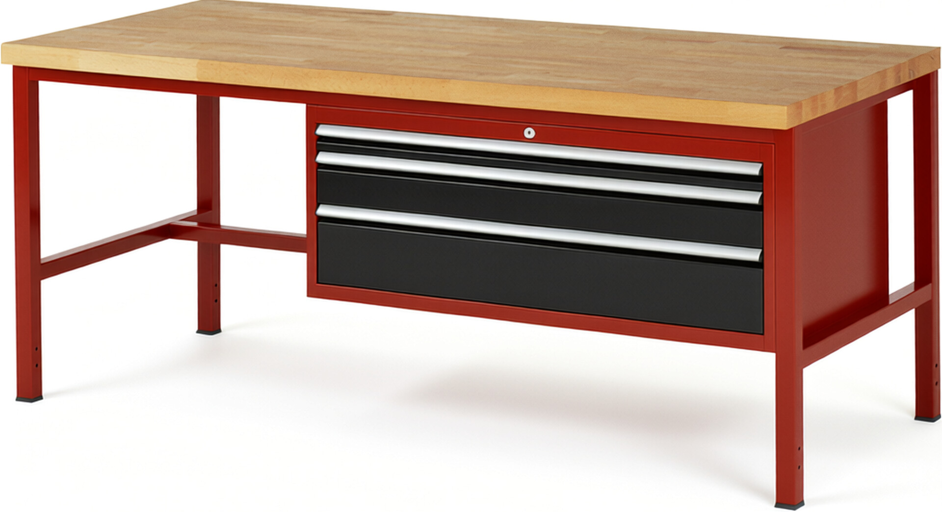 Werkbank Modell 8326 rot - schwarz, BxTxH 2000x900x840 mm,  Buche-Massiv Arbeitsplatte 40 mm,  3 Schubladen mit  Auszug 90 %