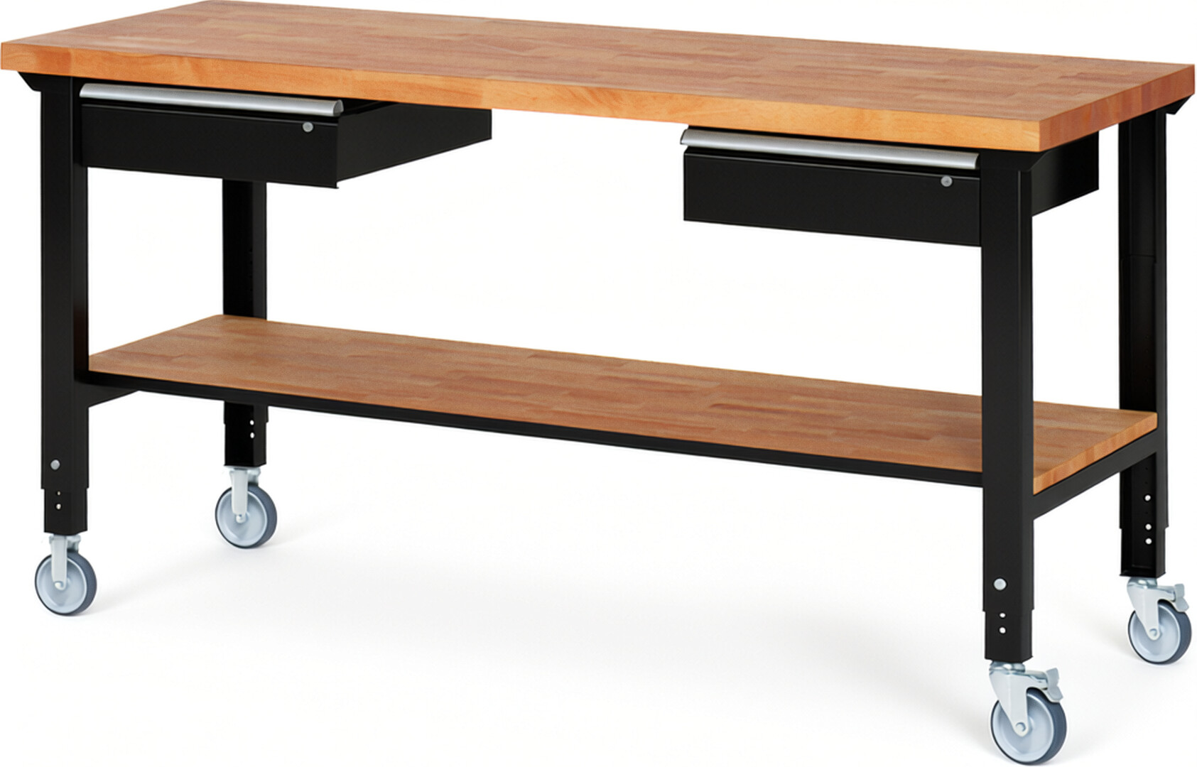 RAU Werkbank schwarz - Breite 200 cm - Tiefe 70 cm - Höhe 100 cm - Buche-Massiv Arbeitsplatte 40 mm