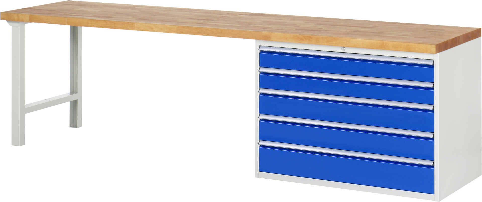 Werkbank Modell 7713 rot - schwarz, BxTxH 3000x700x890 mm,  Buche-Massiv Arbeitsplatte 40 mm,  5 Schubladen mit  Auszug 90 %