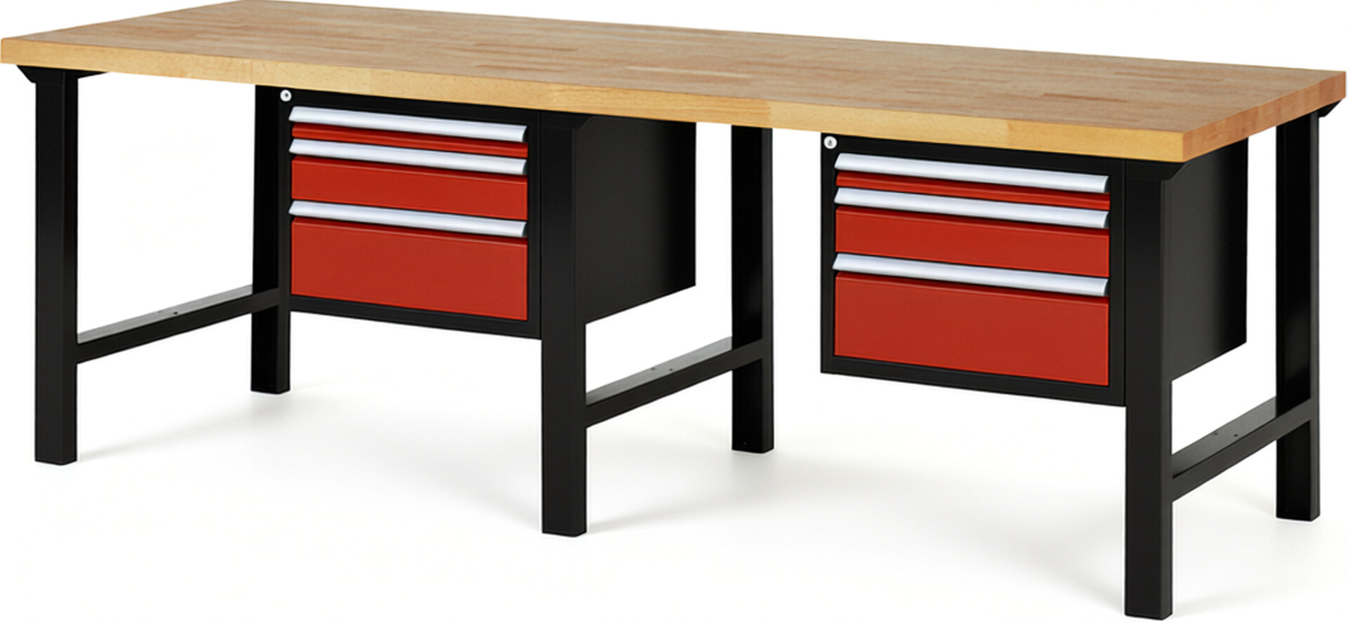 RAU Werkbank schwarz - rot - Breite 250 cm - Tiefe 90 cm - Höhe 84 cm - Buche-Massiv Arbeitsplatte 40 mm