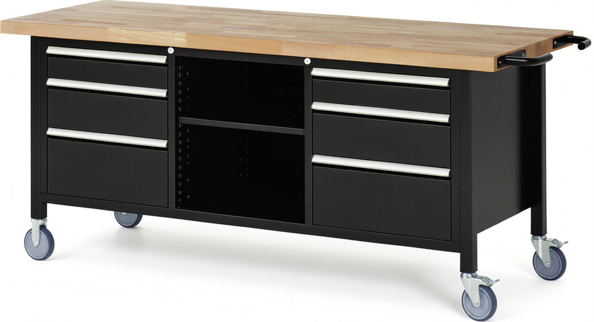 RAU Werkbank schwarz - Breite 200 cm - Tiefe 70 cm - Höhe 108 cm - Buche-Massiv Arbeitsplatte 40 mm