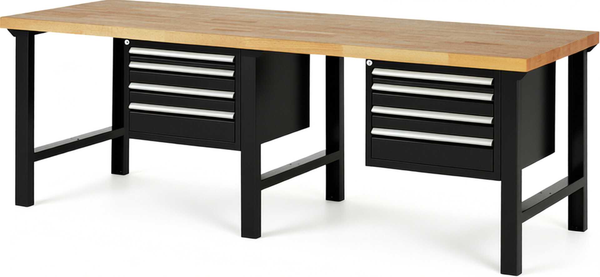 Werkbank Modell 7132 schwarz, BxTxH 2500x900x840 mm,  Buche-Massiv Arbeitsplatte 40 mm,  8 Schubladen mit  Vollauszug 100 % und  SoftClosing