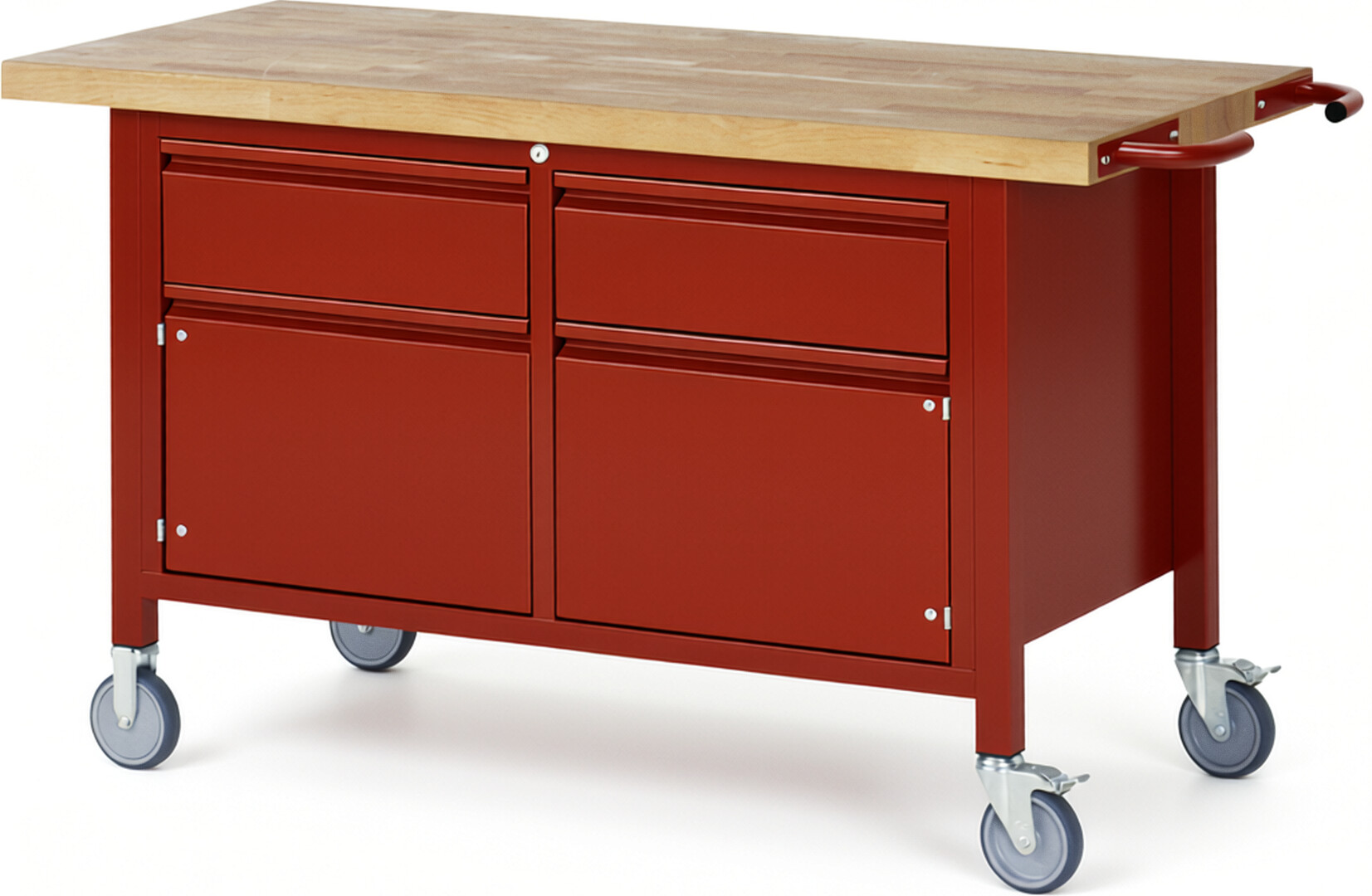 Fahrbare Werkbank - Modell 8466 BASIC rot, BxTxH 1500x700x880 mm,  Buche-Massiv Arbeitsplatte 40 mm,  2 Schubladen mit  Auszug 90 %