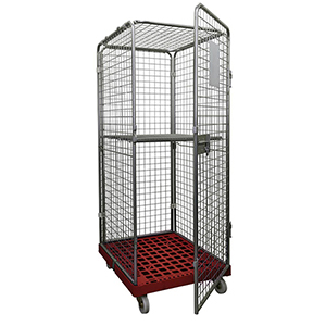 Rollbox mit Drahtgitterwänden, 5-seitig (1 Tür), 1 Boden, Nutzhöhe 1585 mm, BxTxH 810x720x1800 mm, Bodenplatte aus HDPE, RAL 3000 feuerrot