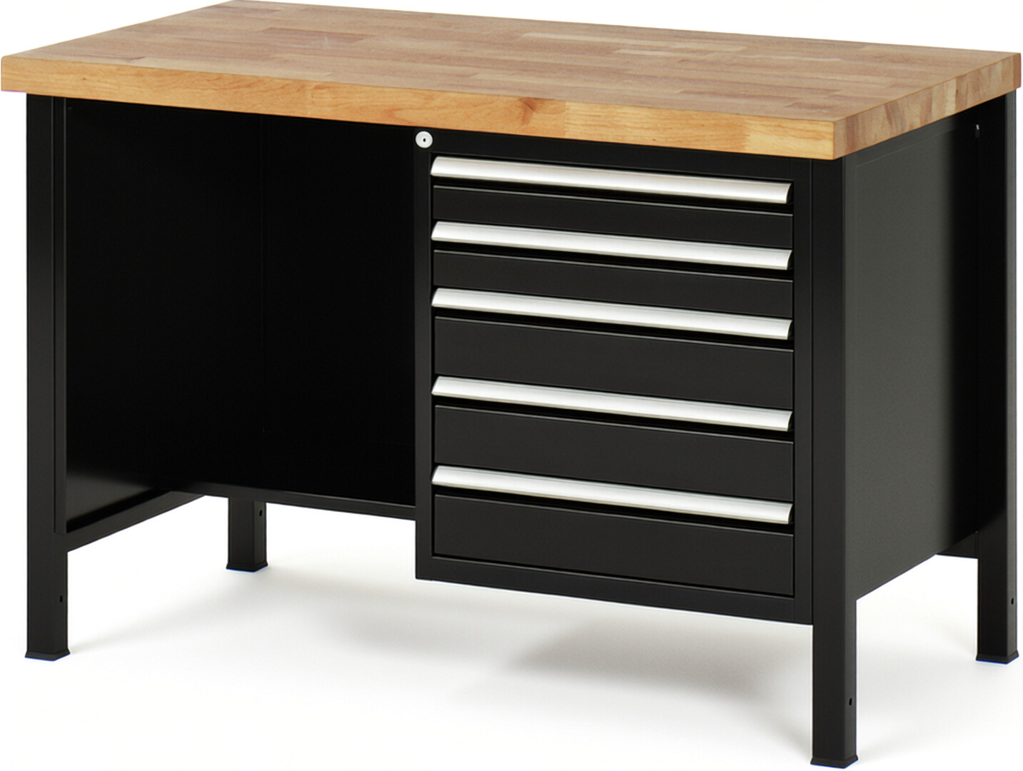 Werkbank Modell 8454 schwarz, BxTxH 1250x700x840 mm,  Buche-Massiv Arbeitsplatte 40 mm,  5 Schubladen mit  Auszug 90 %