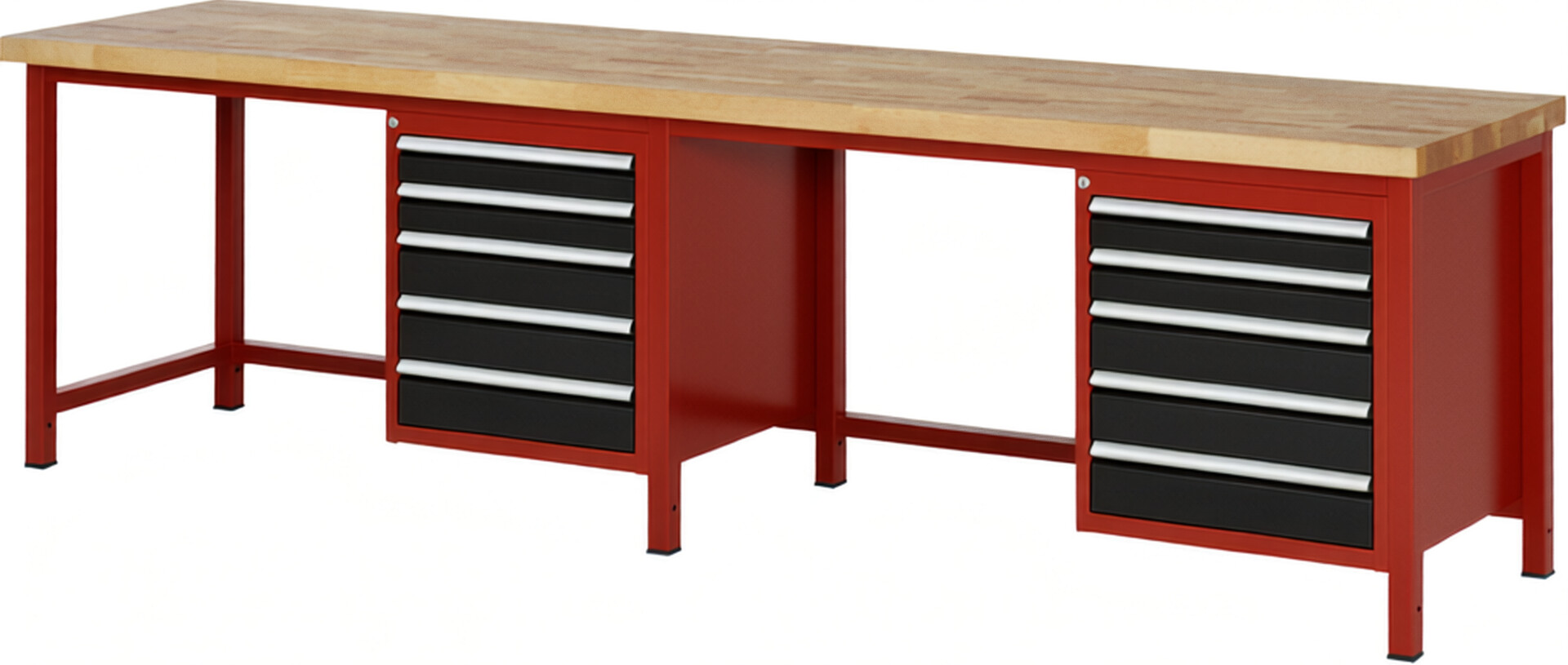 Werkbank Modell 8171 rot - schwarz, BxTxH 3000x700x840-1040 mm,  Buche-Massiv Arbeitsplatte 40 mm,  10 Schubladen mit  Vollauszug 100 % und  SoftClosing